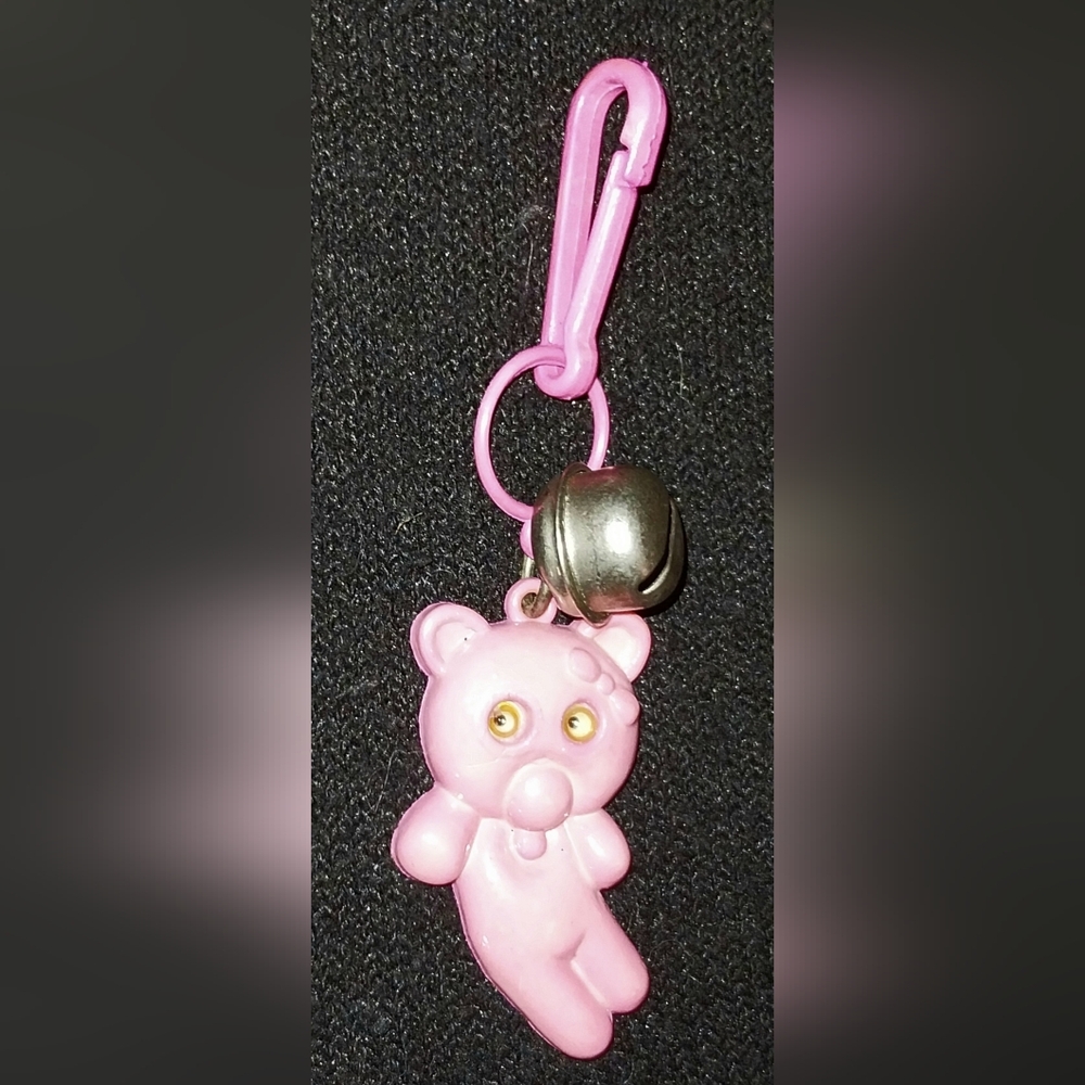 Vintage 1980s Keychain Plastic Necklace Pink Teddy Bear Charm w/ Bell
